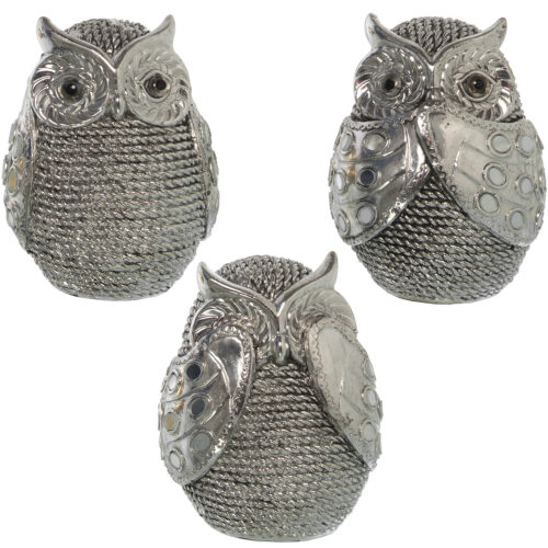 SET DE 3 FIGURAS BUHOS RESINA PLATEADA 8,5X8X11CM