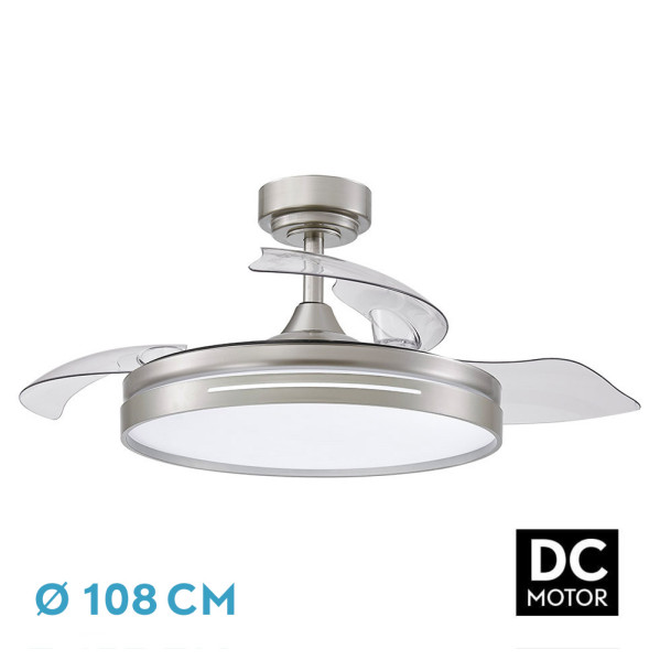 Ventilador Dc 72w Micenas Niquel 3asp.transp.108d 6velocidades 7200lm 3colores Remoto,reg.intensidad,memoria Y Temporizador 24