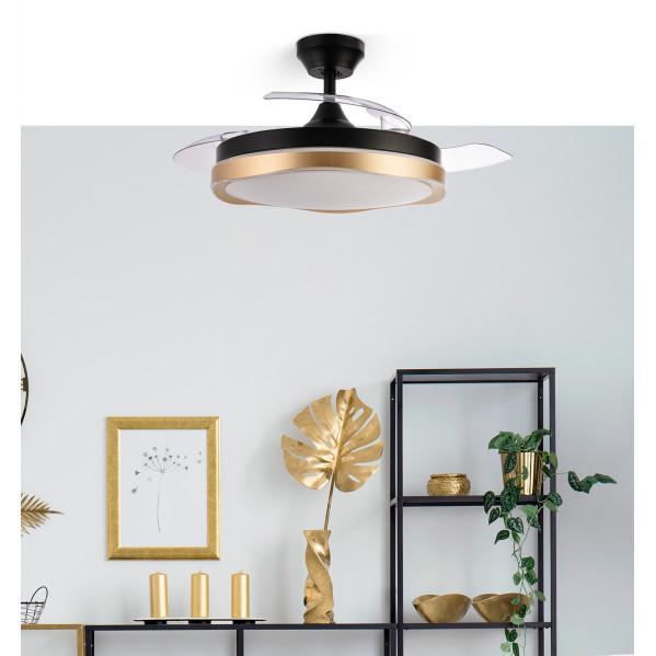 Ventilador Dc Blondi Negro/oro 72w 3aspas 107d 7200lm 6vel 3000k,4500k,6000k, Remoto+temporizador+memoria