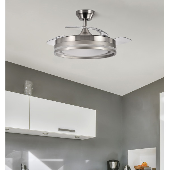 Ventilador Dc Cerrato Niquel 72w 3aspas Desplegables 107d 7200lm 6vel 3000k,4500k,6000k, Remoto+temporizador+memoria