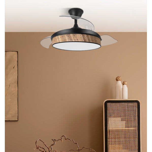 Ventilador Dc Moda 72w Negro/cañizo Oscuro 108d 3aspas 7200lm 3000k,4000k,6000k Remoto+memoria+temporizador