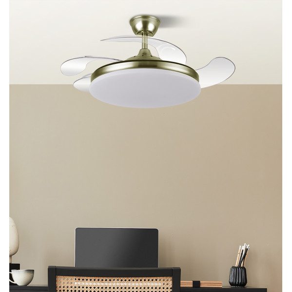 Ventilador Dc Tridente 59w Cuero 4aspas Desp 107d 6980lm Reg.intensidad Remoto+temporizador+memoria 3000-4000-6000k