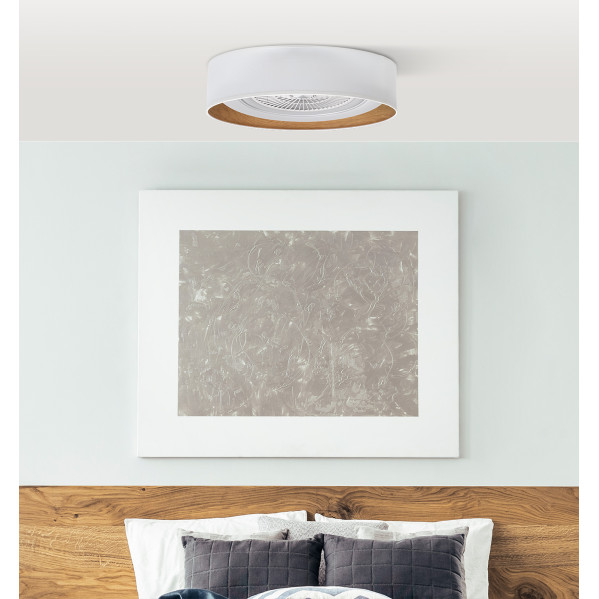 Ventilador Tania 72w Blanco/madera Clara 6120lm 5 Aspas 3col Remoto,memoria,reg.Intensidad,temporizador 25x60x60 Cm