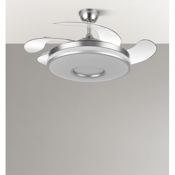 Ventilador Dani 59w 6980lm Niquel 4 Aspas Desplegables 6 Velocidades107d 3000-4000-6000k Remoto, Reg.Int, Memori Y Tempor