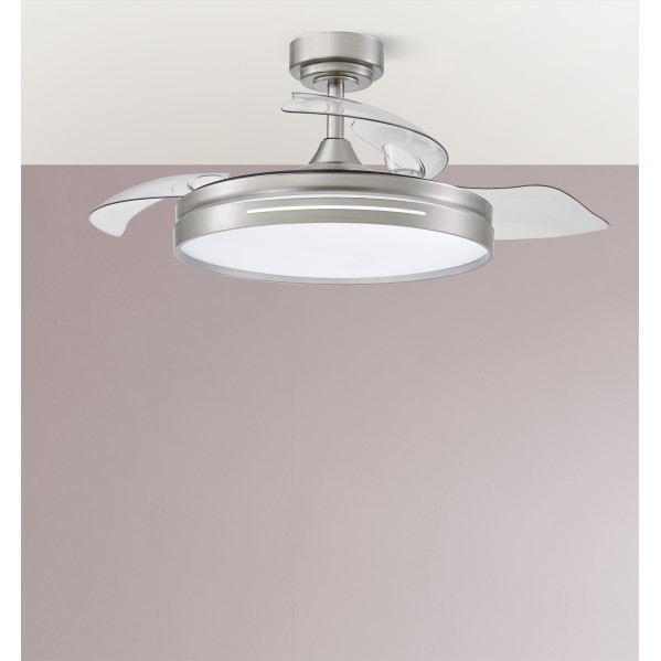 Ventilador Dc 72w Micenas Niquel 3asp.transp.108d 6velocidades 7200lm 3colores Remoto,reg.intensidad,memoria Y Temporizador 24