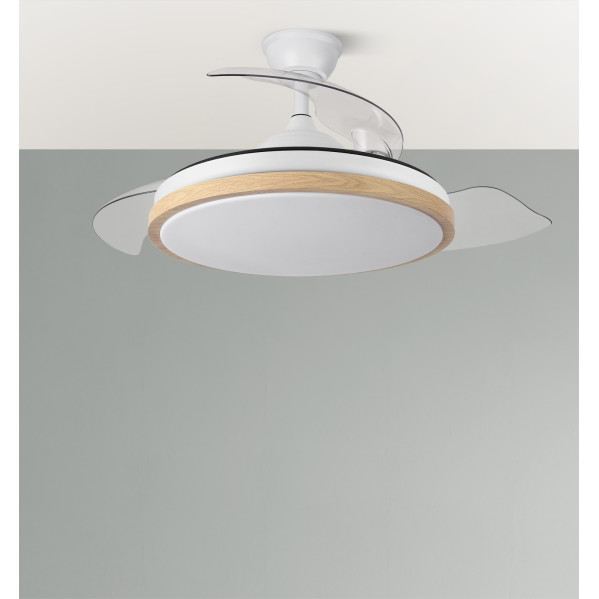 Ventilador Dc Evros 72w 6120lm Blanco/haya 107d 3asp.despegables 3000-4000-6000k Remoto+reg.intensidad+temporizador+memoria