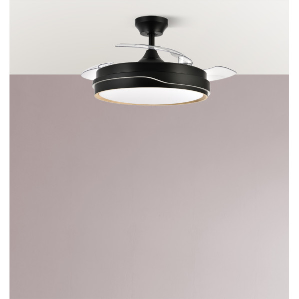 Ventilador Dc Tempano Negro/madera 72w 3aspas 107d 7200lm 6vel 3000k,4500k,6000k Remoto+temporizador+memoria