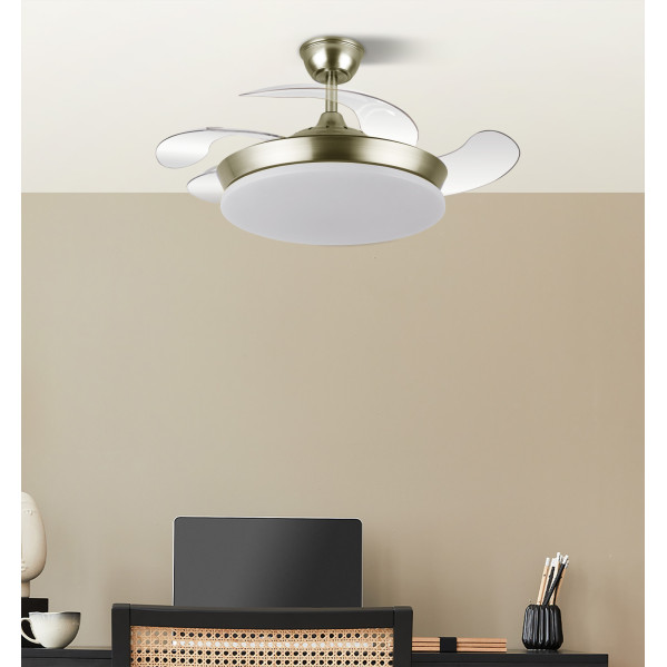 Ventilador Dc Tridente Mini 59w Cuero 4aspas Desp. 91d 6980lm Reg.intensidad Remoto+temporizador+memoria 3000-4000-6000k