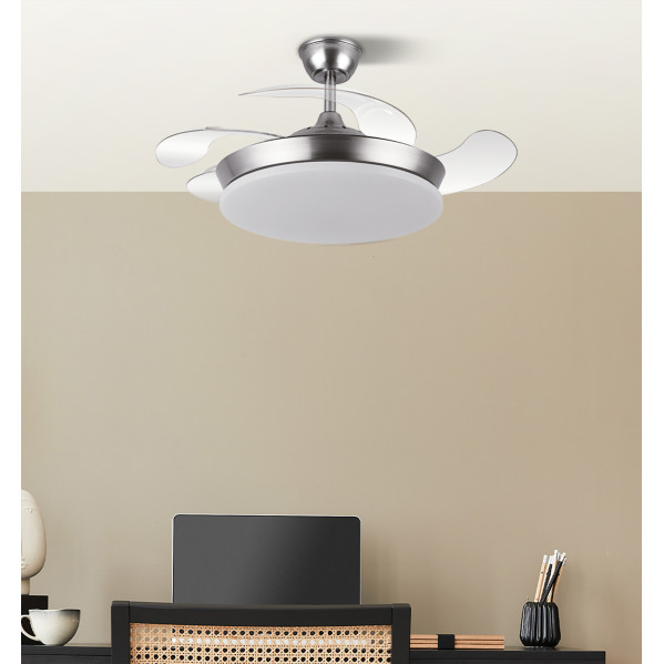 Ventilador Dc Tridente Mini 59w Niquel 4aspas Desp.91d 6980lm Reg.intensidad Remoto+temporizador+memoria 3000-4000-6000k
