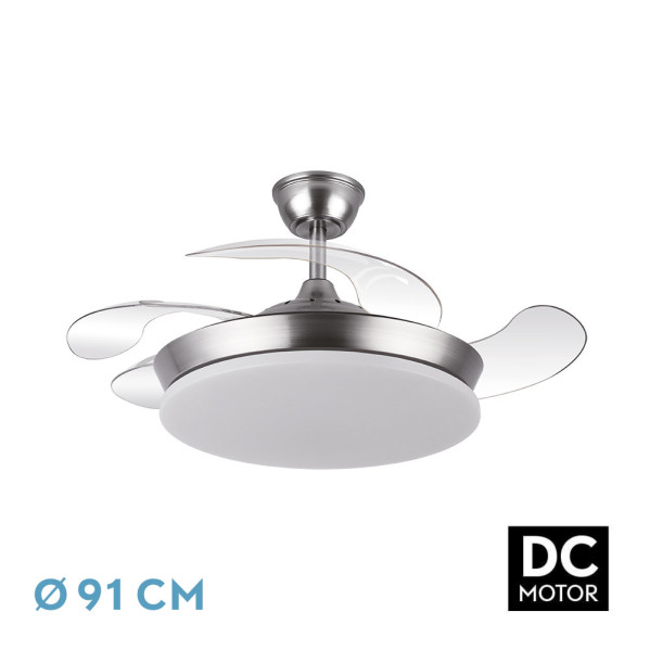 Ventilador Dc Tridente Mini 59w Niquel 4aspas Desp.91d 6980lm Reg.intensidad Remoto+temporizador+memoria 3000-4000-6000k