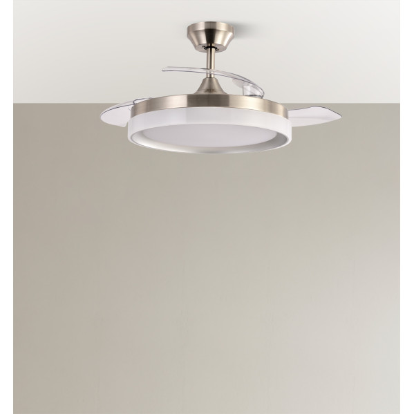 Ventilador Dc Zenit Niquel 72w 3aspas despegables 107d 7200lm 6vel 3000k,4500k,6000k, Remoto+temporizador+memoria