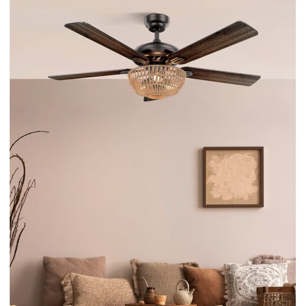 Ventilador Dc Cesta Negro 3xe27 5 Aspas Nogal/roble 6 Velocidades 55/67x132x132cm C/remoto Y Temporizador