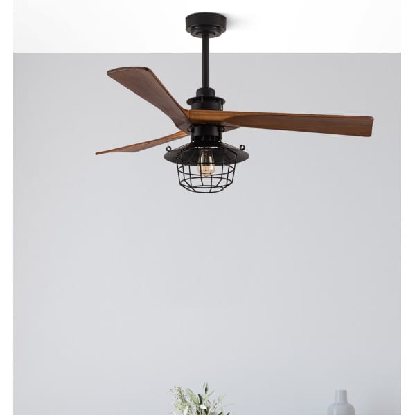 Ventilador Dc Vulturno Negro 1xe27 3 Aspas Roble  6 Velocidades C/remoto Y Temporizador 53/65,5x132x132 Cm