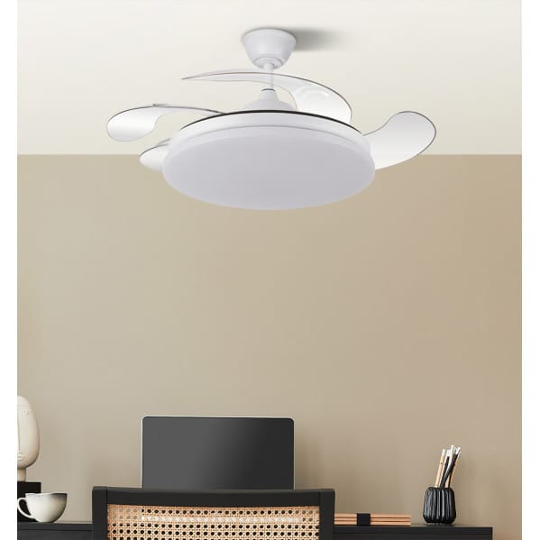 Ventilador Dc Tridente 59w Blanco 4aspas Desp.107d 6980lm Reg.intensidad Remoto+temporizador+memoria 3000-4000-6000k