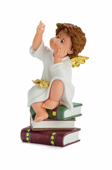 Ángel guardián, figura de colección Nadal ref. 746635: un angelito de alas doradas sentado sobre una pila de libros