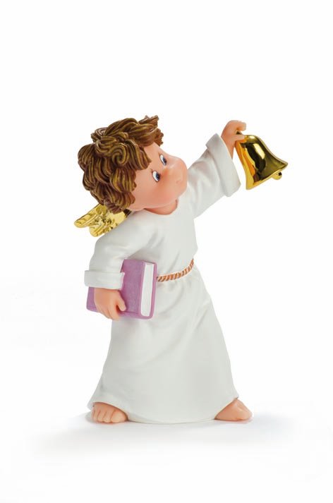 Ángel mudito, figura de colección Nadal ref. 746632: un angelito de túnica blanca y alas doradas que hace sonar una campanilla mientras sostiene un libro