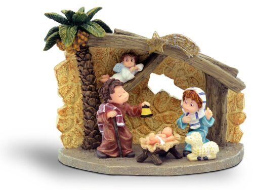 Portal con palmera, pieza de belén Nadal ref. 746225: un pequeño portal con palmera que reúne a la Sagrada Familia en una sola pieza compacta